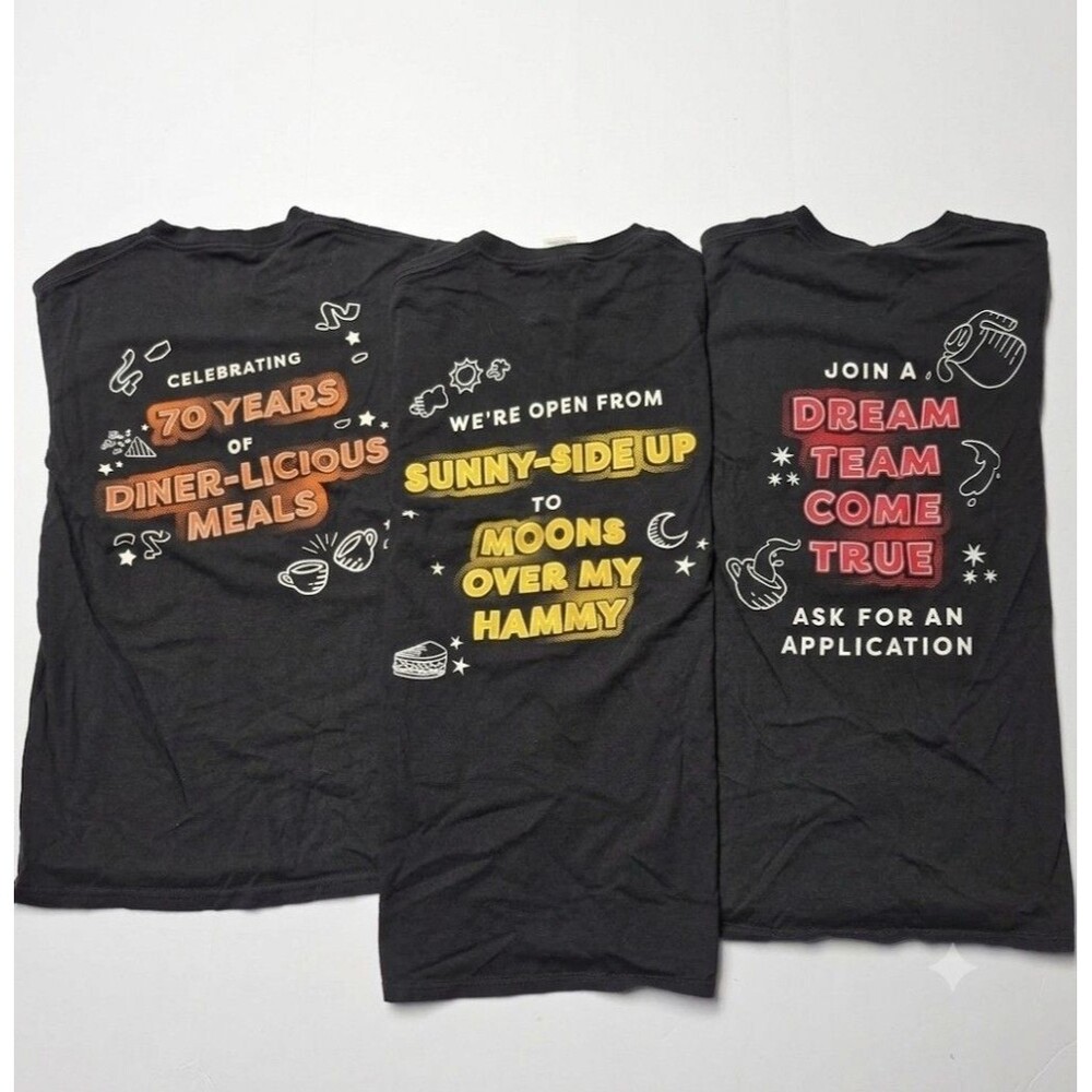 Lot of 3 Denny's Dinnertime Graphic T Shirts 70 Years Promo Employee Small NWOT